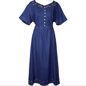 Vintage Denim Tie Back Shift Dress Embroidered Maxi Dress Size M Cottagcore